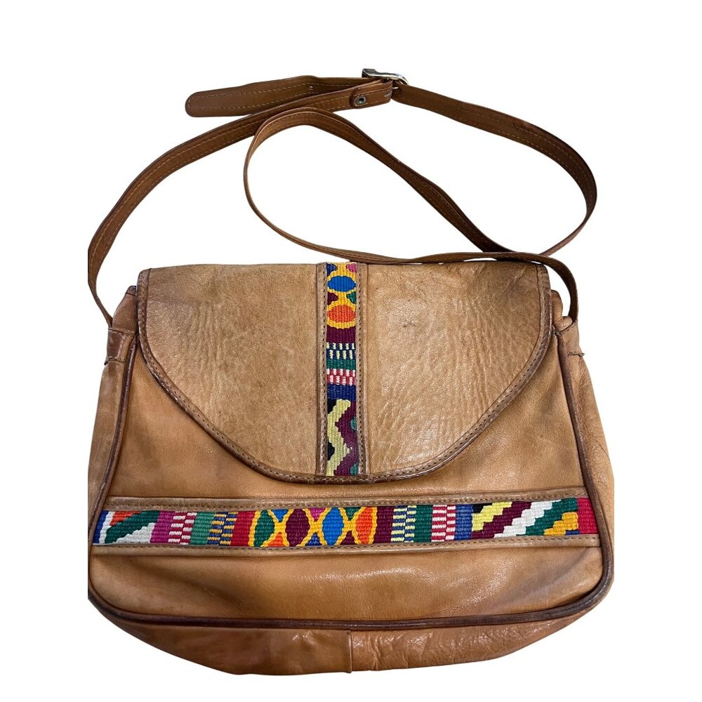 Vintage Tan Leather Shoulder Bag With Colorful Embroidered Boho Pattern